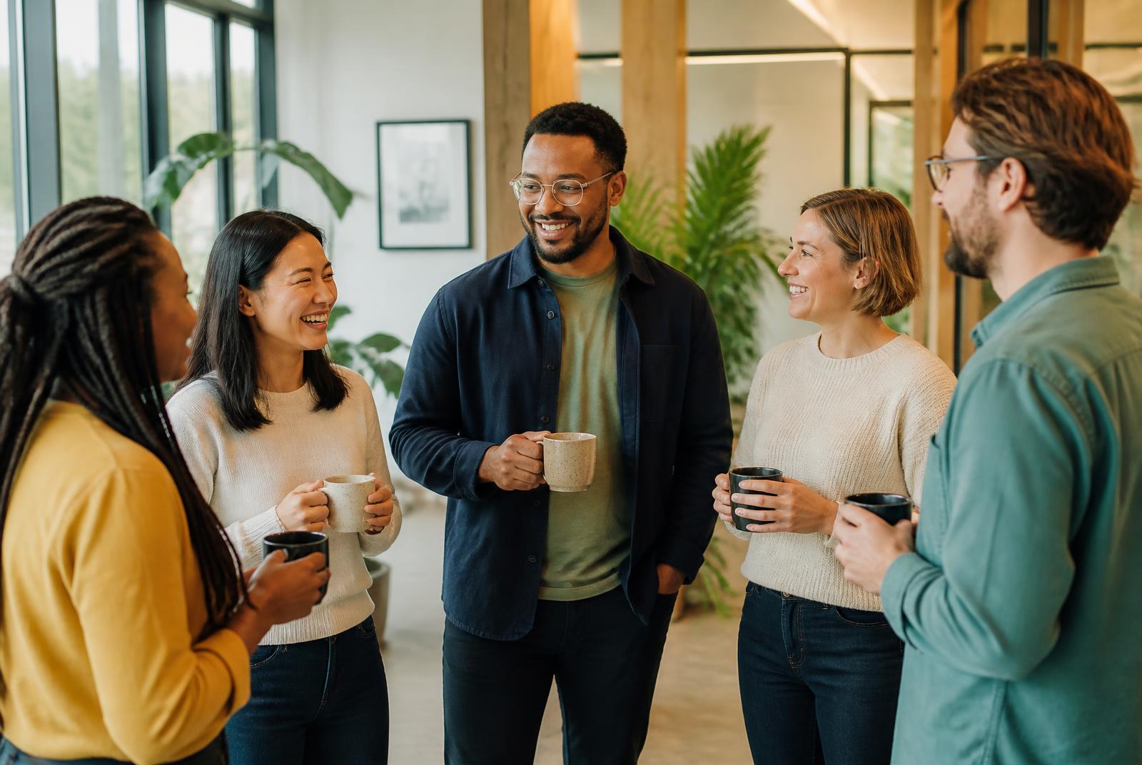 Coworkers relaxing together with fresh coffee during a workplace break in a bright modern office
