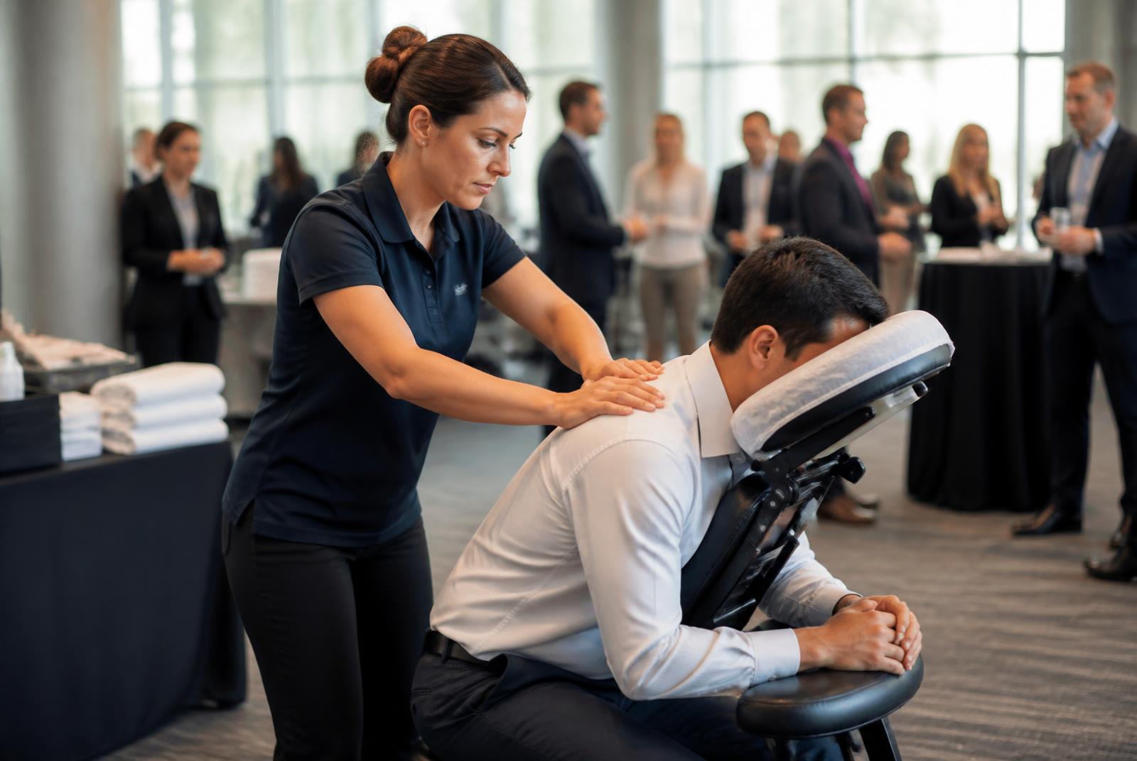 A HiFive massage therapist giving a seated chair massage to an attendee during a corporate event