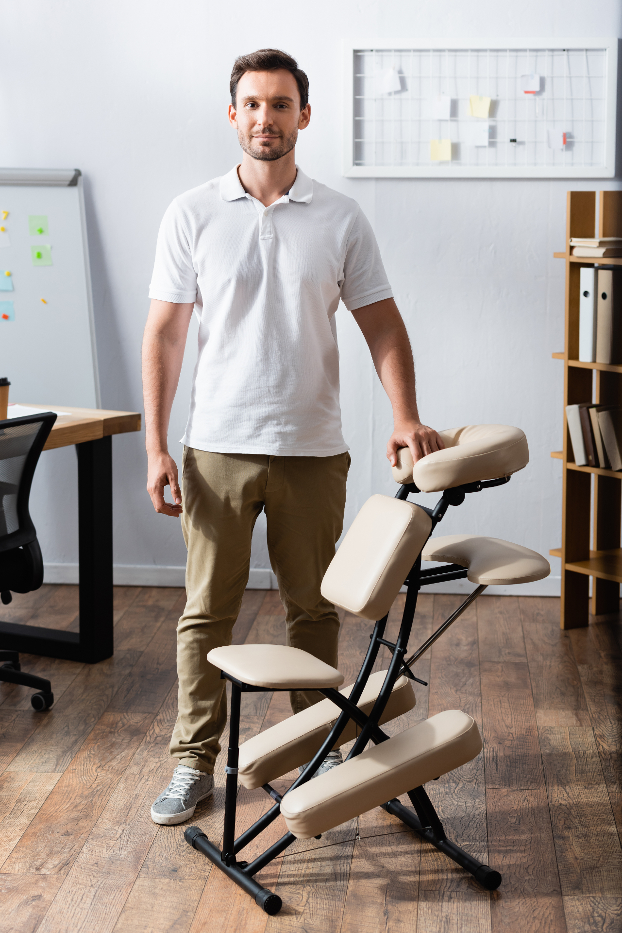 Professional portable massage chair set up in a corporate office