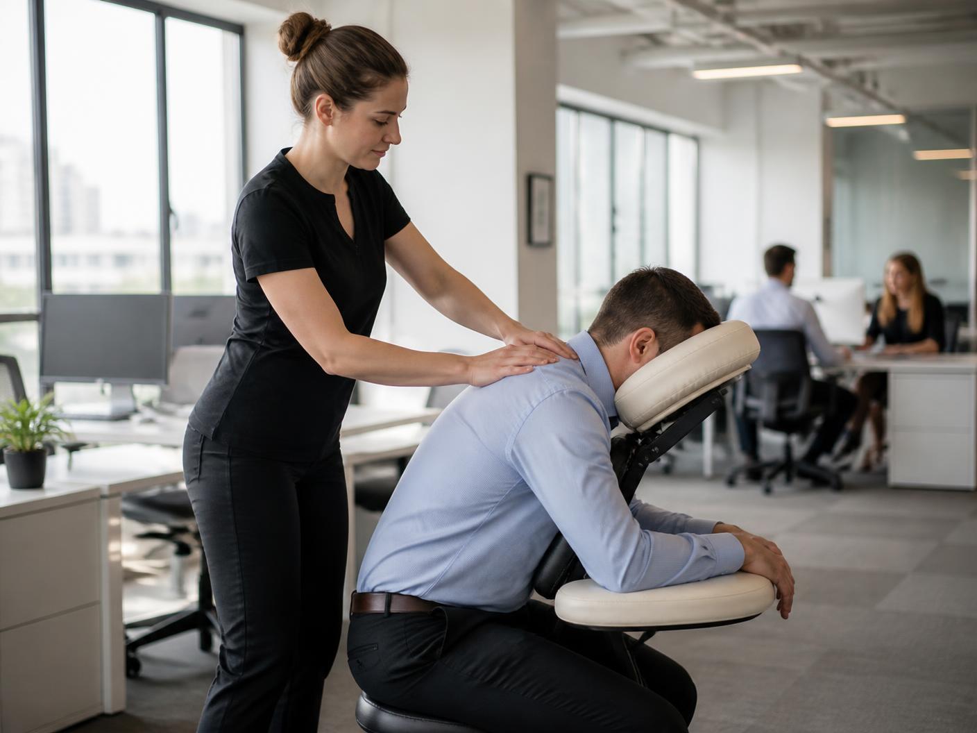 A professional massage therapist providing seated chair massage in a modern workplace